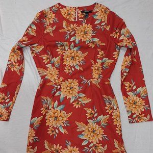 FOREVER 21 RUST WITH TAN AND YELLOW FLORAL PRINT LONG SLEEVE MIDLENGTH DRESS S